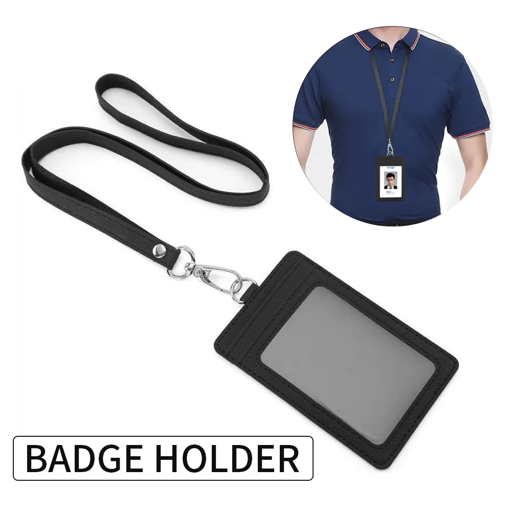 Офисный идентификатор, 2 слота для карт с прозрачным окошком, держатель для значков, черный, для учеников, легкий, из искусственной кожи, многофункциональный ремешок на шею