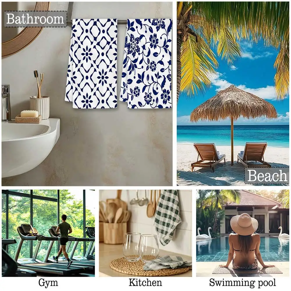 Jit 2pcs Blue And White Floral Tile Pattern Dish Towels For Home Kitchen Farmhouse Decor