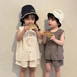 Conjunto de ropa de verano para niños, Algodón puro, fino, coreano, informal, camiseta sin mangas, pantalones cortos, 2024