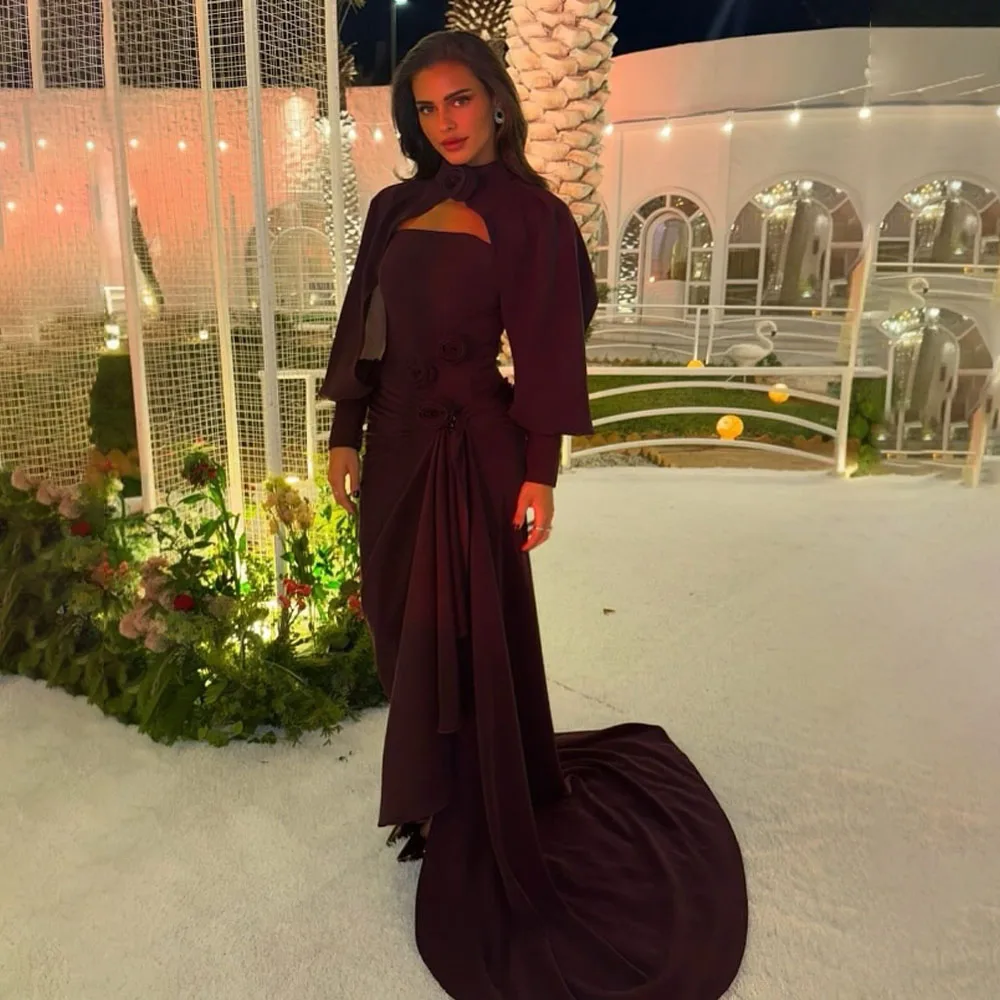 

Customized High Quality Strapless Floor Length Court Train Halter Full Sleeves Wrinkle Women Evening Dresses فساتين نسائيه ماركة