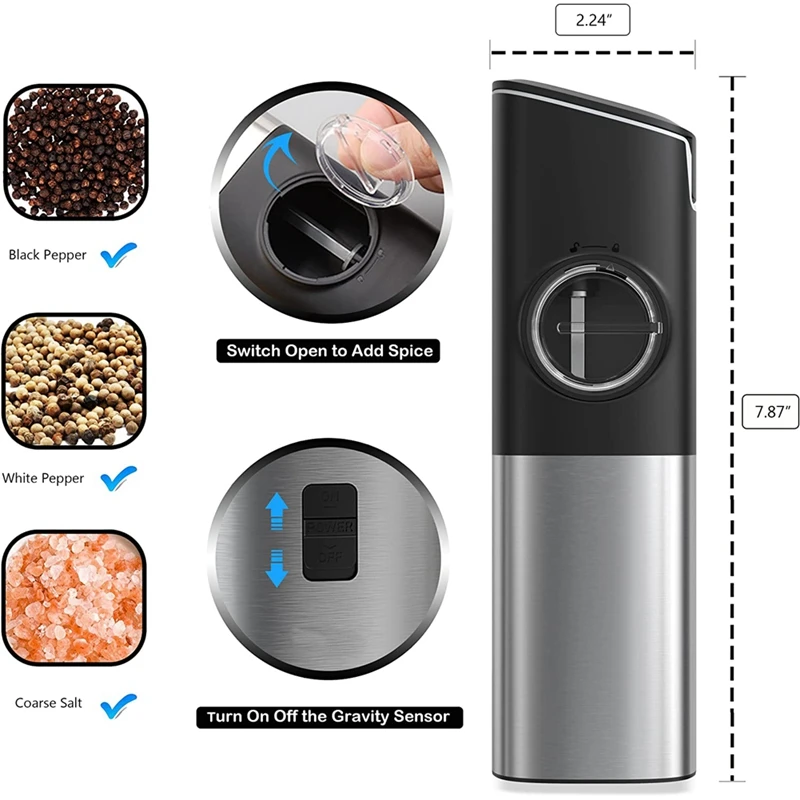 Imagem -06 - Usb Recarregável Pimenta Grinder com Coarseness Ajustável Moinho Gravidade Automática com Interruptor Conjunto