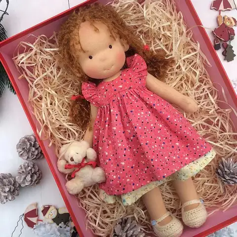 Waldorf Handmade Soft Cotton Cloth Doll Gift Set Paired with Crochet Sweater & Woven Bag Floral Dress for Girls Kid Birthday Toy
