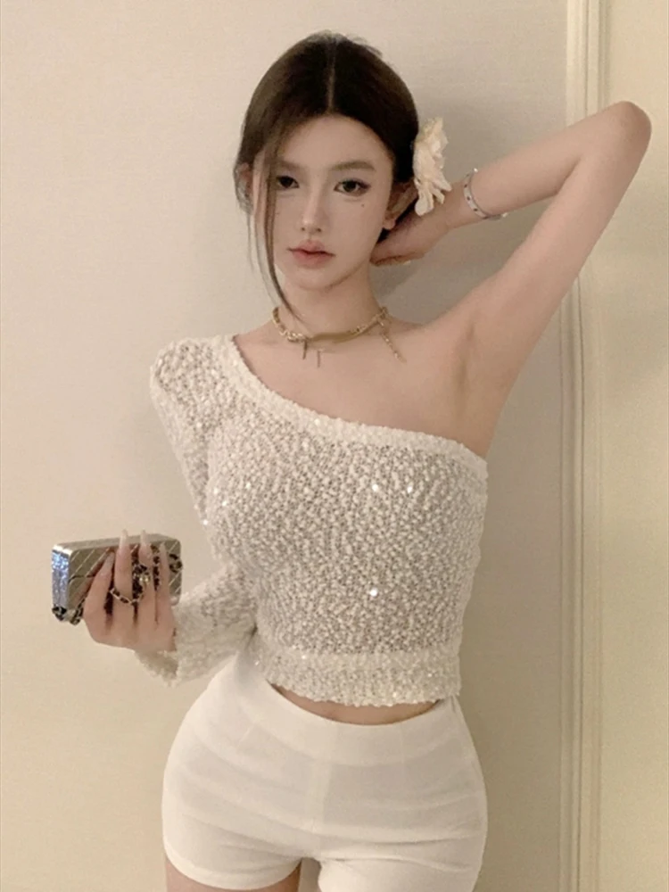 

Sequined Slim Tops Women 2025 Spring New Sexy One Shoulder Long Sleeve Hollow Out T-shirt Fashion Cool Sheer Spicy Shirts