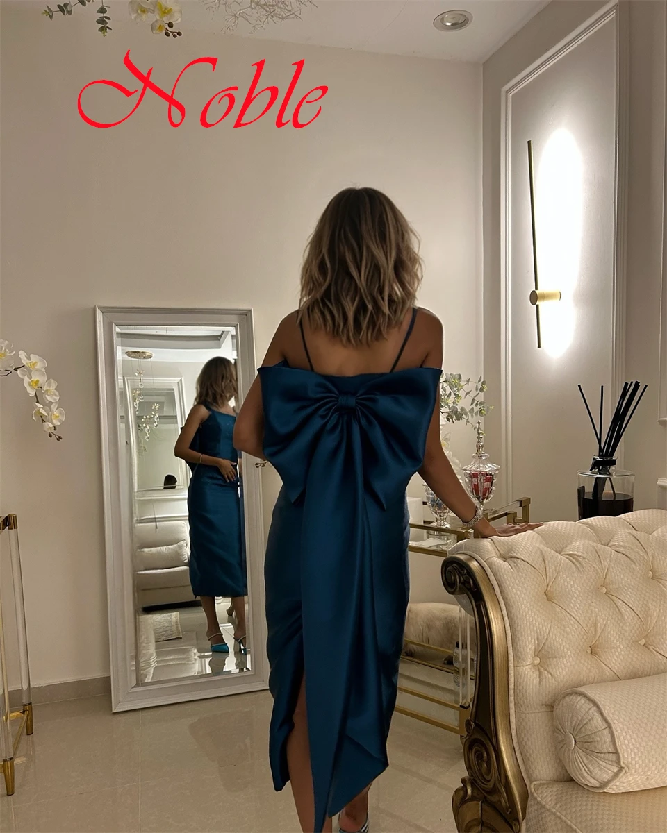 Customized Simple Blue Satin Evening Dress Classic Square Collar Spaghetti Straps Sleeveless Bow Back Slit Homecoming Dress