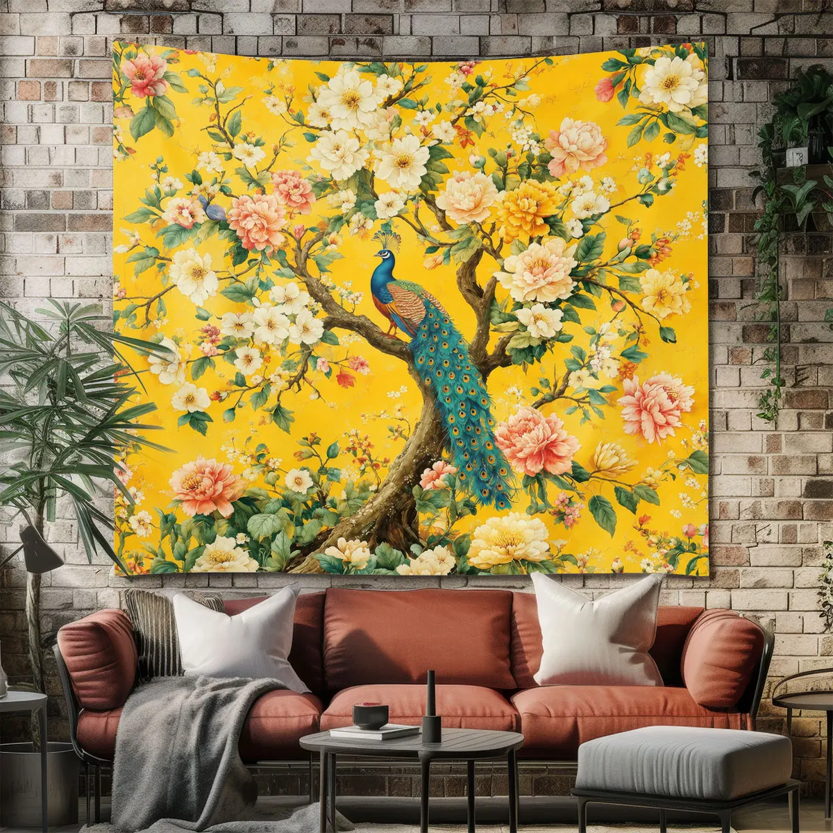 1pc yellow-bottomed flower and bird peacock floral tapestry wall decoration space decoration pendant gift and backdrop use.
