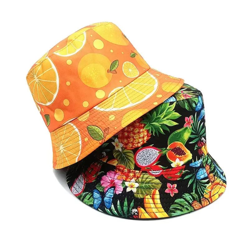 2024 Four Seasons Polyester Cartoon Pineapple Print Bucket Hat Fisherman Hat Outdoor Travel Sun Cap for Men and Women 285