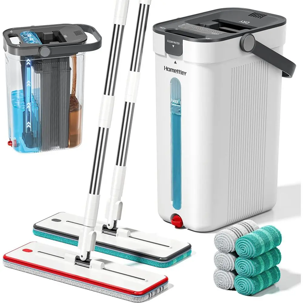 

Dual Mop and Bucket System with Separate Water Tanks, 3-Component Wall Cleaner Mop, Dual Mops for Floor Cleaning with 6 Microfib