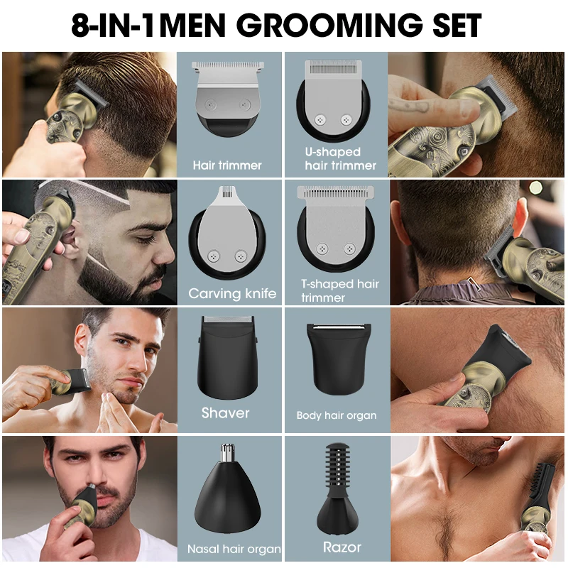 8 in 1 Multi-functional hair clipper Shaving set Waterproof household electric clippers Men's razor Electric shaver