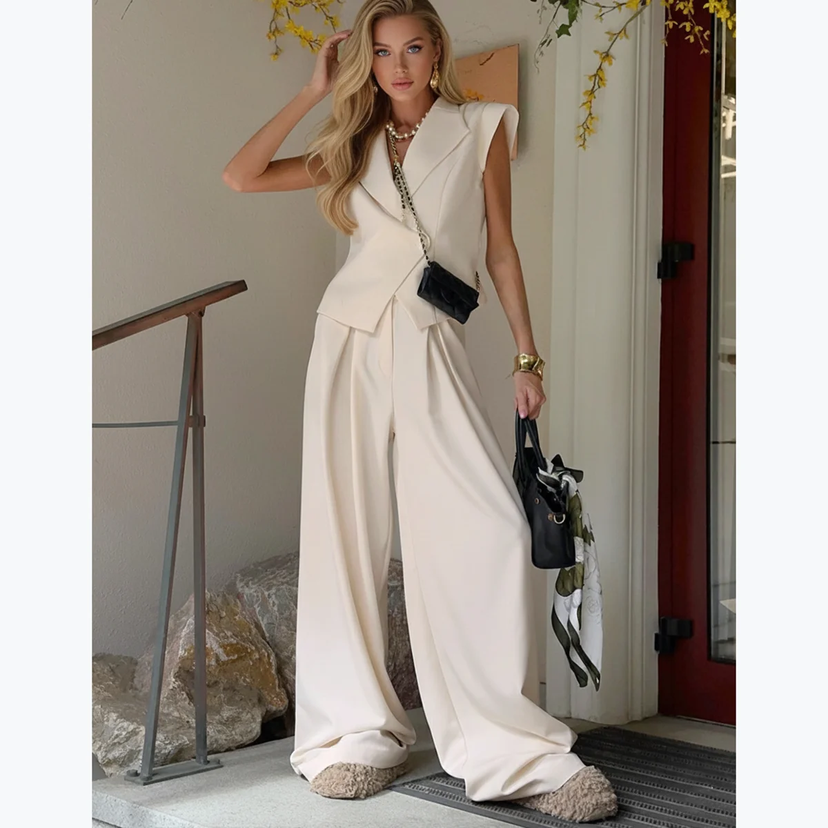 

Элегантный комплект из двух предметов цвета хаки, женский роскошный блейзер, жилет, укороченный топ с высокой талией, широкие брюки, костюм для офиса, женские вечерние наряды, Vestidos