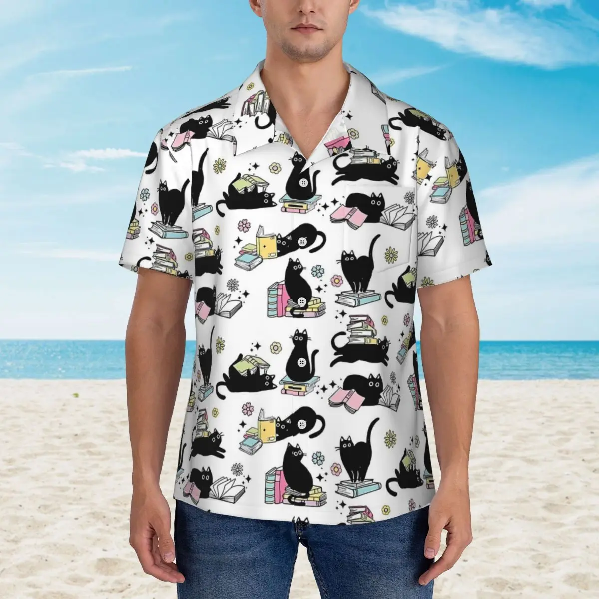 Library Cat Vacation Shirt Black Cats and Books Hawaii Casual Shirts Man Vintage Blouses Short Sleeve Harajuku Graphic Clothes