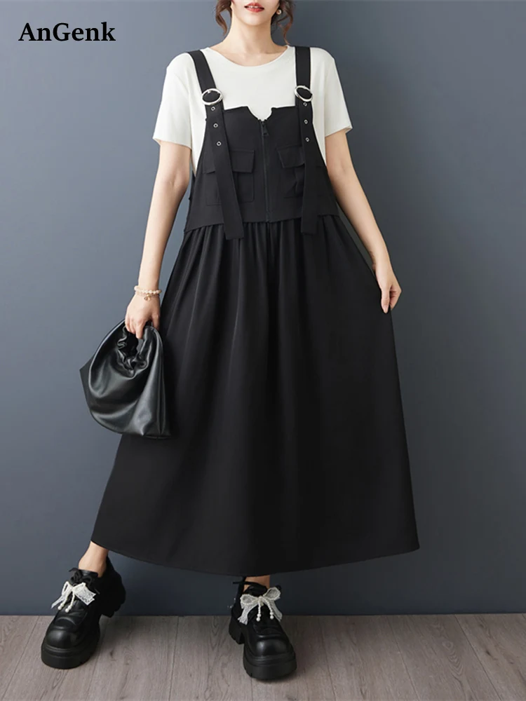 2026 Summer New Black Vintage Straps Dresses For Women Sleeveless Zipper Loose Casual Midi Dress Elegant Fashion Clothing