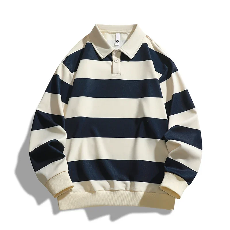 Men POLO Shirt 2024 Autumn New Fashion Trend Striped Printing Casual Loose Outdoor Camping Lapel Top Couple Long-sleeved T-shirt