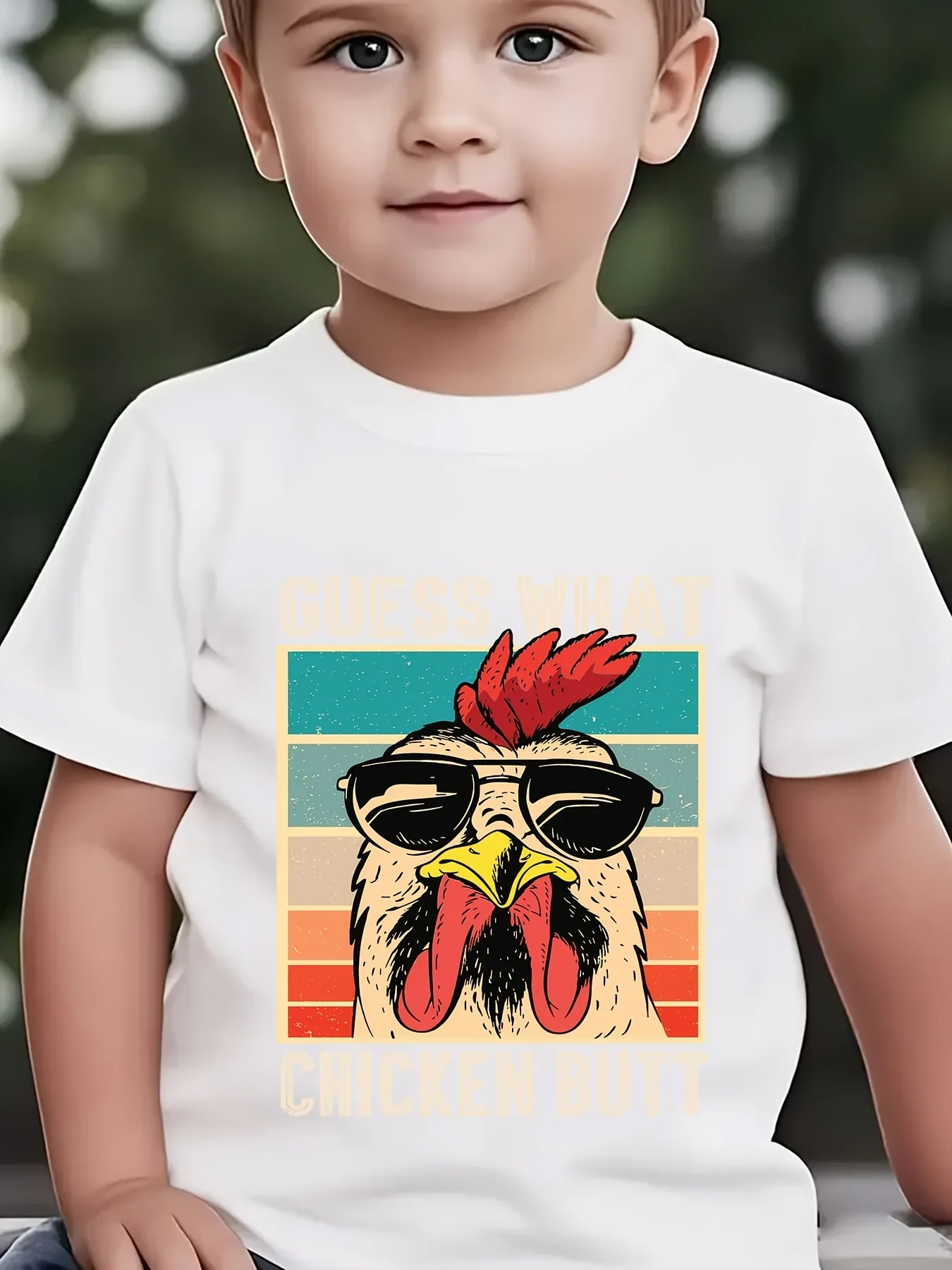 Bright Yellow Kids Short Sleeve Tee Funny Guess What Chicken Butt Retro Sunglasses Rooster Graphic Casual Boys Girls Top