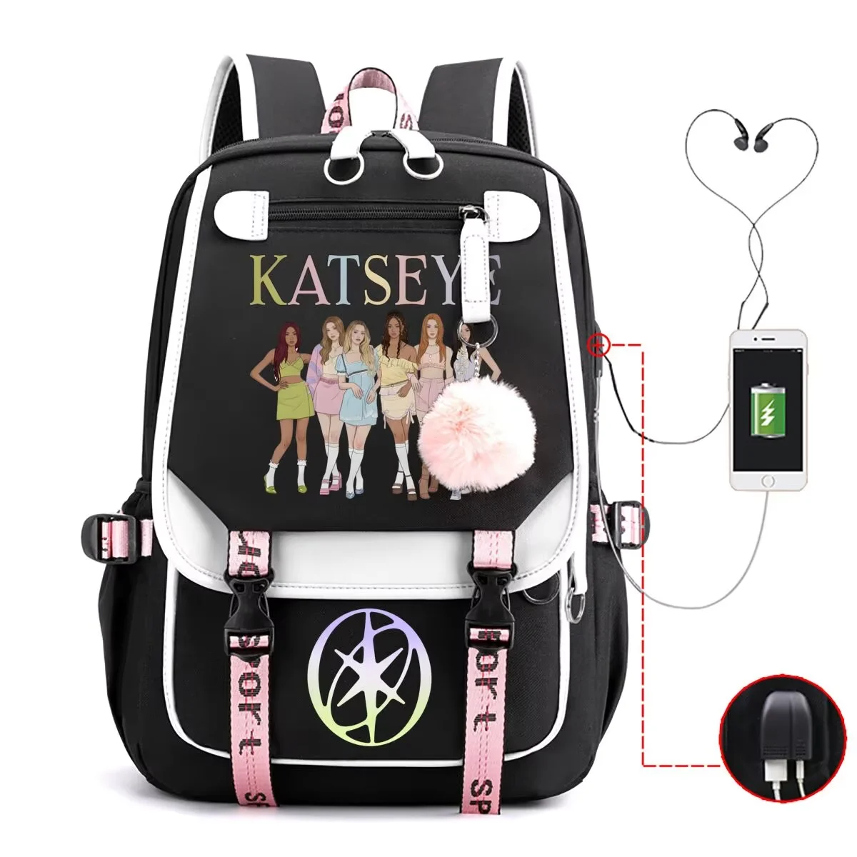 Teen Girls Trendy Star Girl Group School Bag Fashion Strap Decor Color Blocking Rucksack Multi Functional Pocket Women Backpack