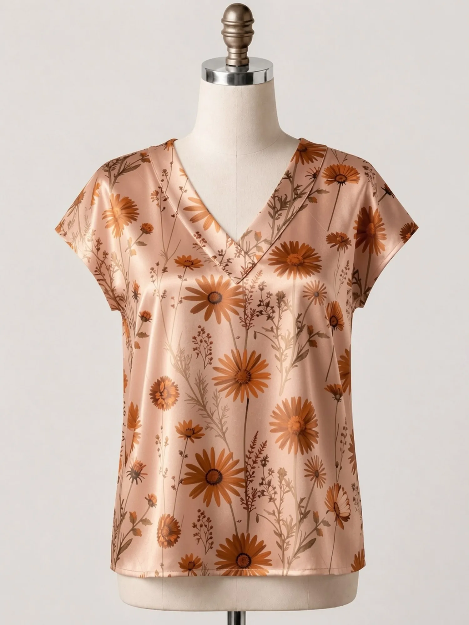 Floral Satin V Neck Top for Women Cap Sleeve Easy Draped Fit Silky Light Vacation Daily Wear Lightweight Breathable Refined Chic