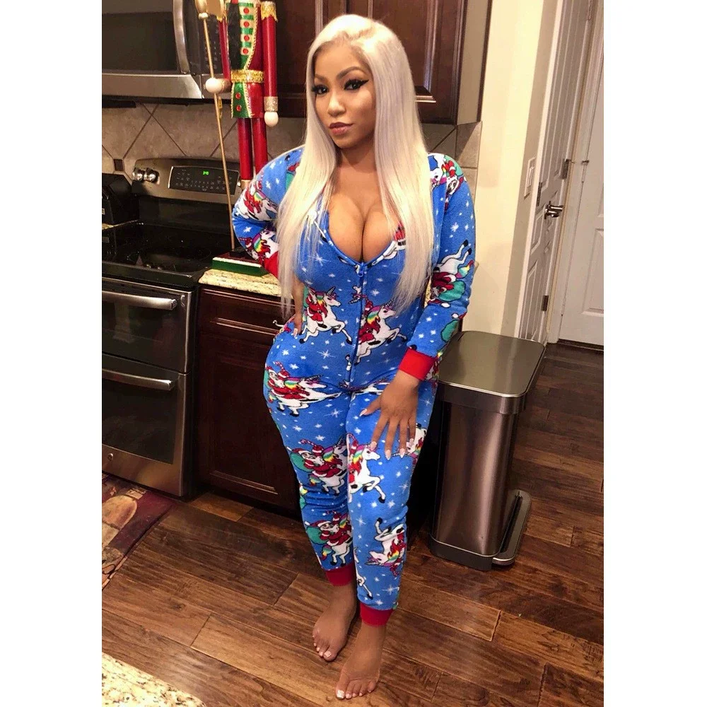 

Fashion Women's Striped Fun Pattern Contrasting Color Printed Jumpsuit Autumn and Winter Women's Zipper Christmas Home Jumpsuit