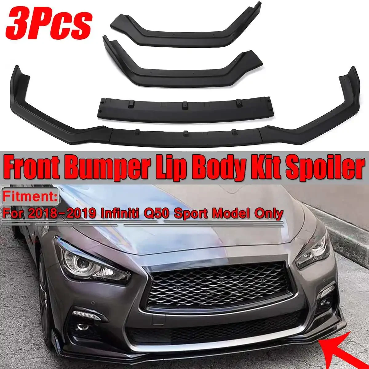 

3PCS Detachable Car Front Bumper Lip Spoiler Body Kit Diffuser Splitter Lip Guard Cover For Infiniti Q50 Sport Model 2018 2019