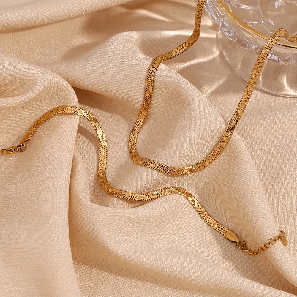 Women's 18K Gold Plated Waterproof Snake Bone Stackable Necklace Bracelet Set