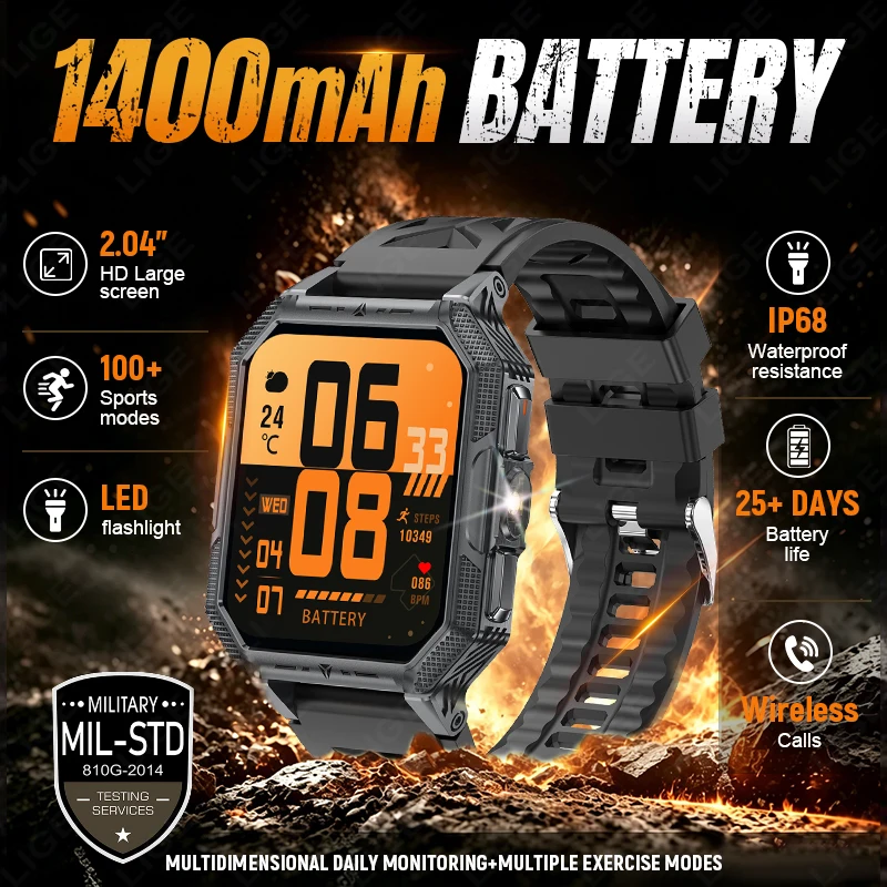 LIGE New Outdoor Ultra 1400mAh Long Standby Sports Compass Smart Watch 2.04-inch HD Large Screen Health Monitor Men's Smartwatch
