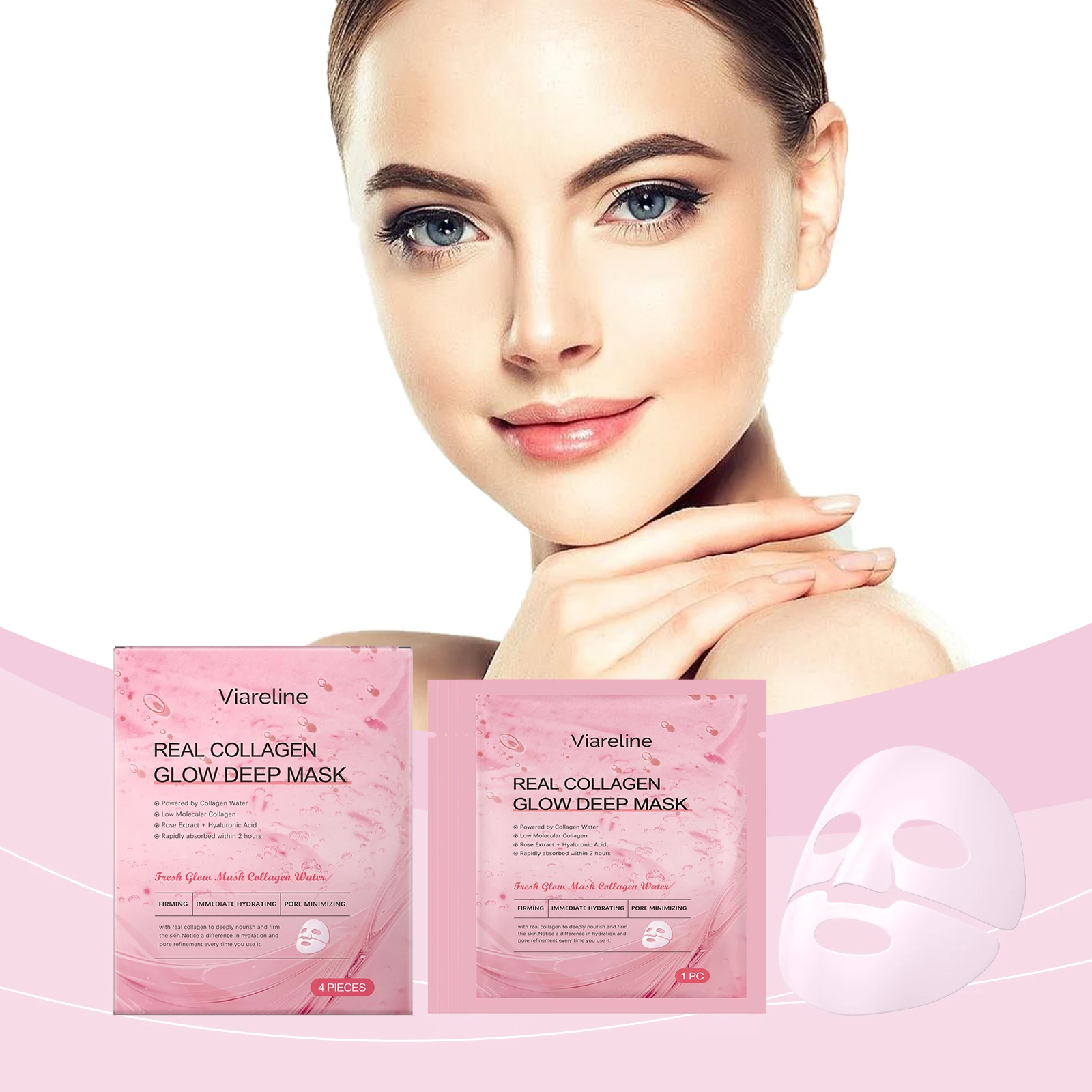 Real Collagen Glow Deep Mask - Conjunto de máscara facial hidratante de 4 peças com água de colágeno e ácido hialurônico |   Plomando instantâneo e poro M