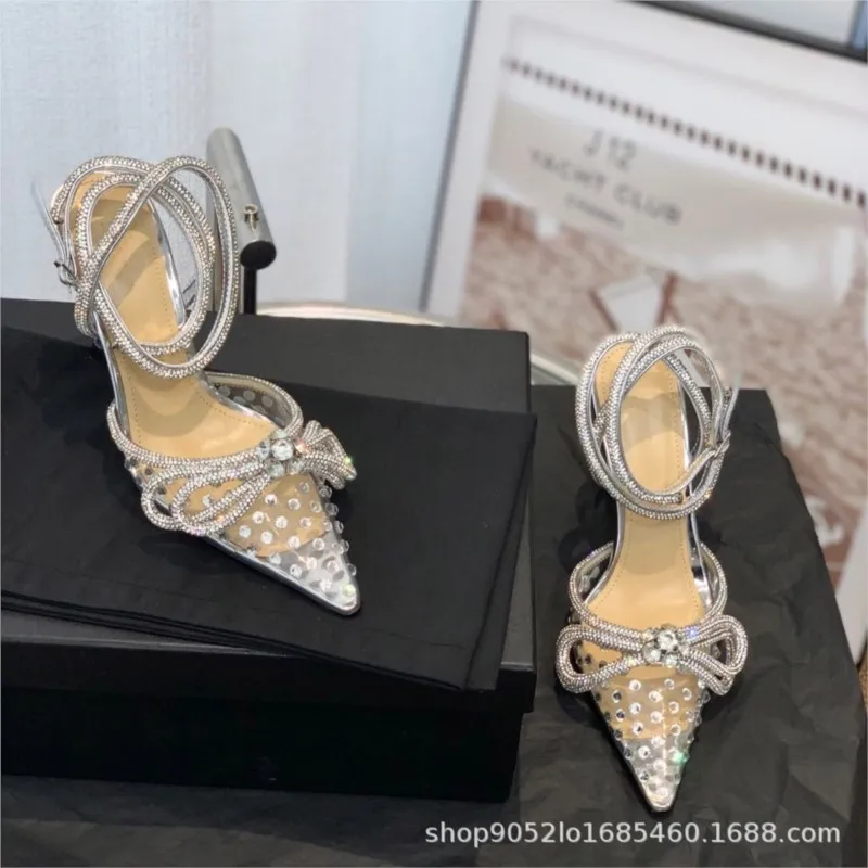 

Baotou high heel pointed sandals 2024 spring and summer new fashion transparent diamond bow thin heel single shoes women