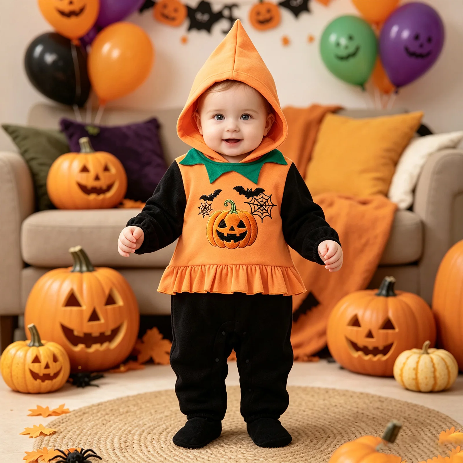 Baby Boys Girls Halloween Pumpkin Costume Long Sleeve Hooded Romper Peplum Jumpsuit Toddler Halloween Themed Party Dress Up