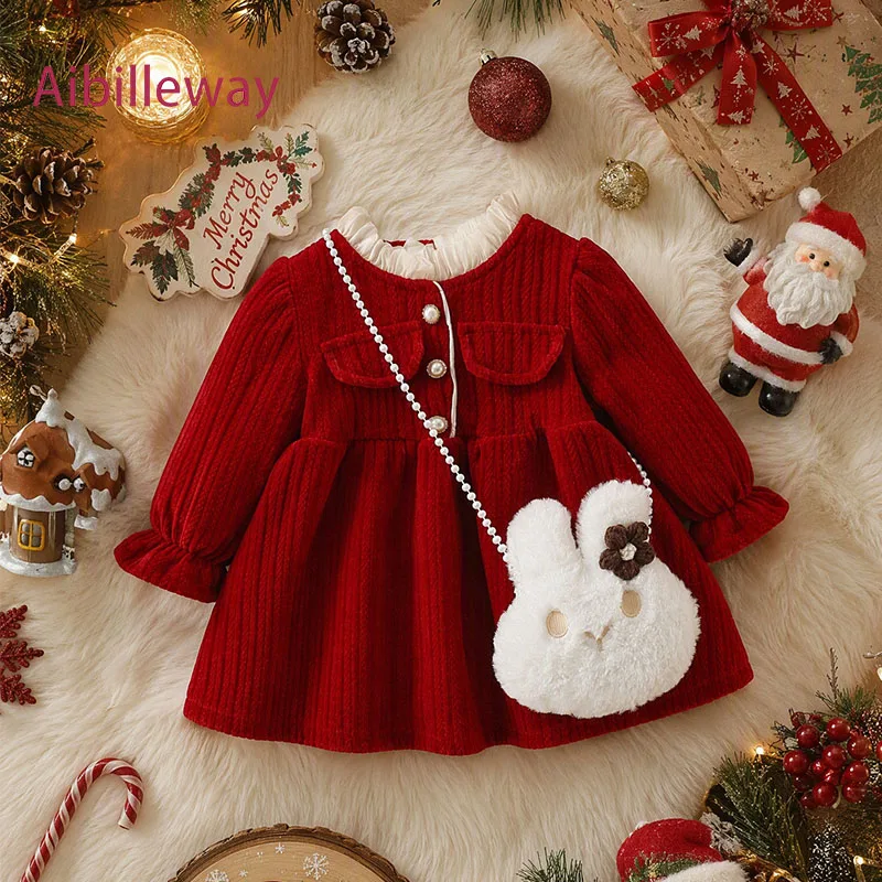 2Pcs/set Baby Girls Winter Warm Thick Dress Children New Year Chirstmas Dresses Kid Costume Toddler Newborn Clothing With A Bag