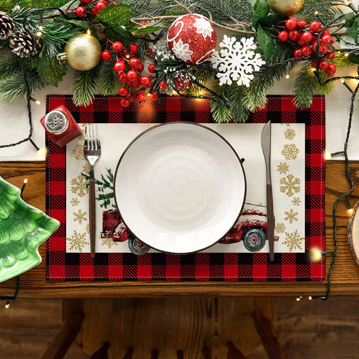 Red Black Buffalo Plaid Truck Merry Christmas Placemats Set of 4,12x18 Inch Seasonal Winter Xmas Holiday Table Mats for Decor