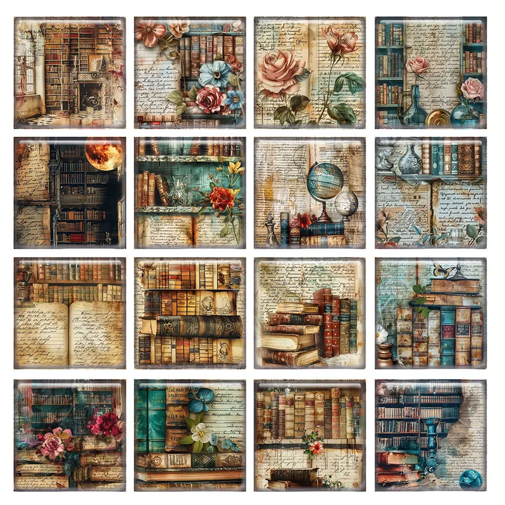 Random Mixed Round/Oval/Square Retro Bookshelf Flower Love Read Photo Glass Cabochon Flatback Demo Cameo For Diy Jewelry Making