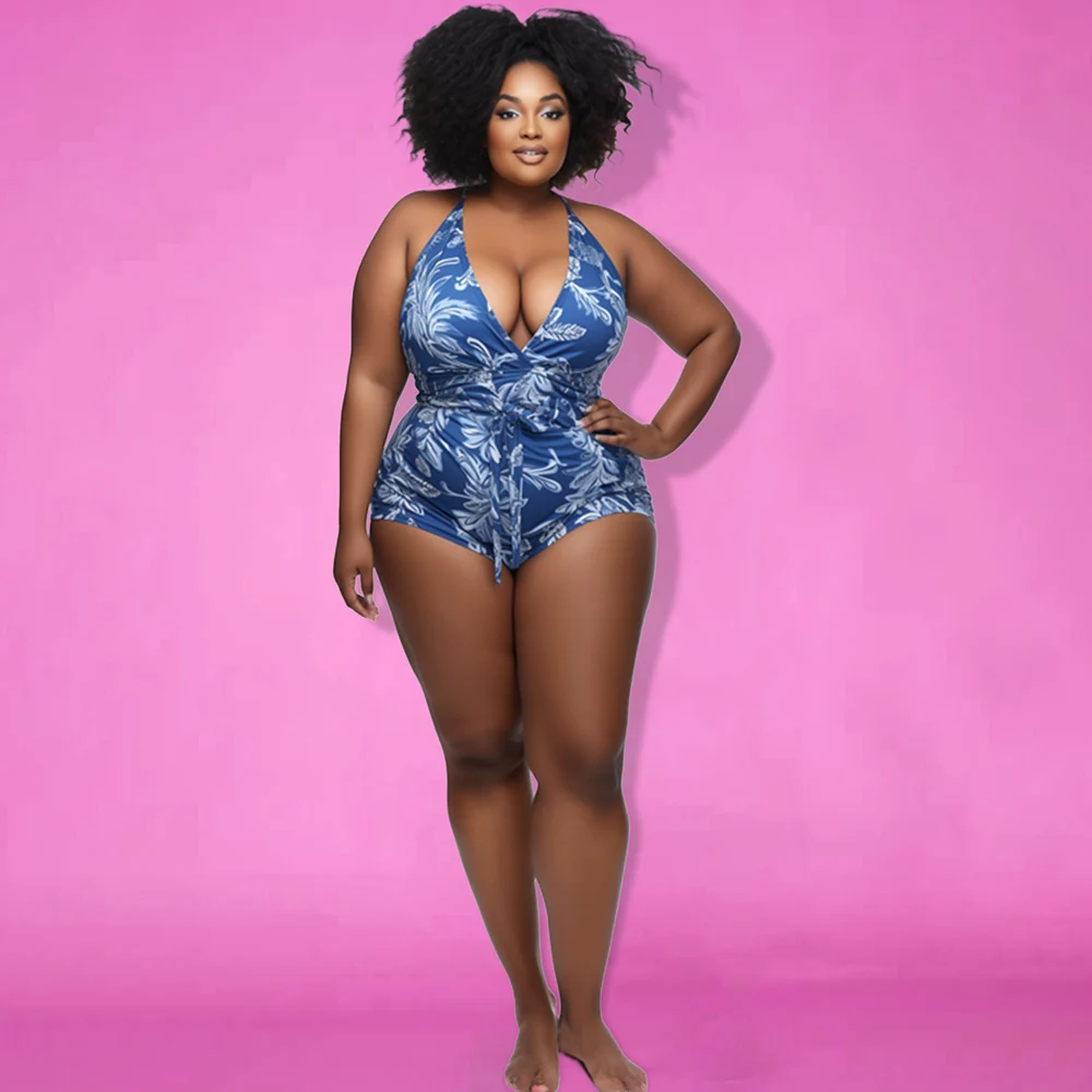 Plus Size Beach Blue Water Ripples Spring Summer V Neck Swimsuit Fabric One Pieces Swimwear