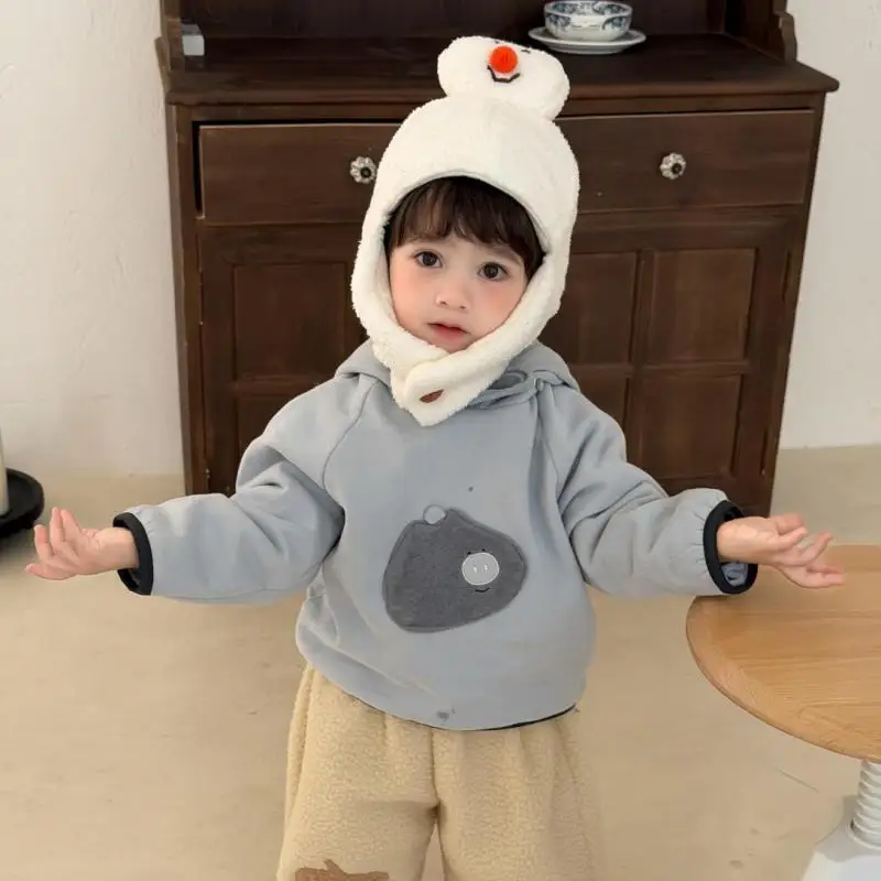 2026 Winter New Baby Long Sleeve Fleece Hooded Sweatshirt Boys Cute Cartoon Pullover Plus Velvet Thick Infant Toddler Clothes