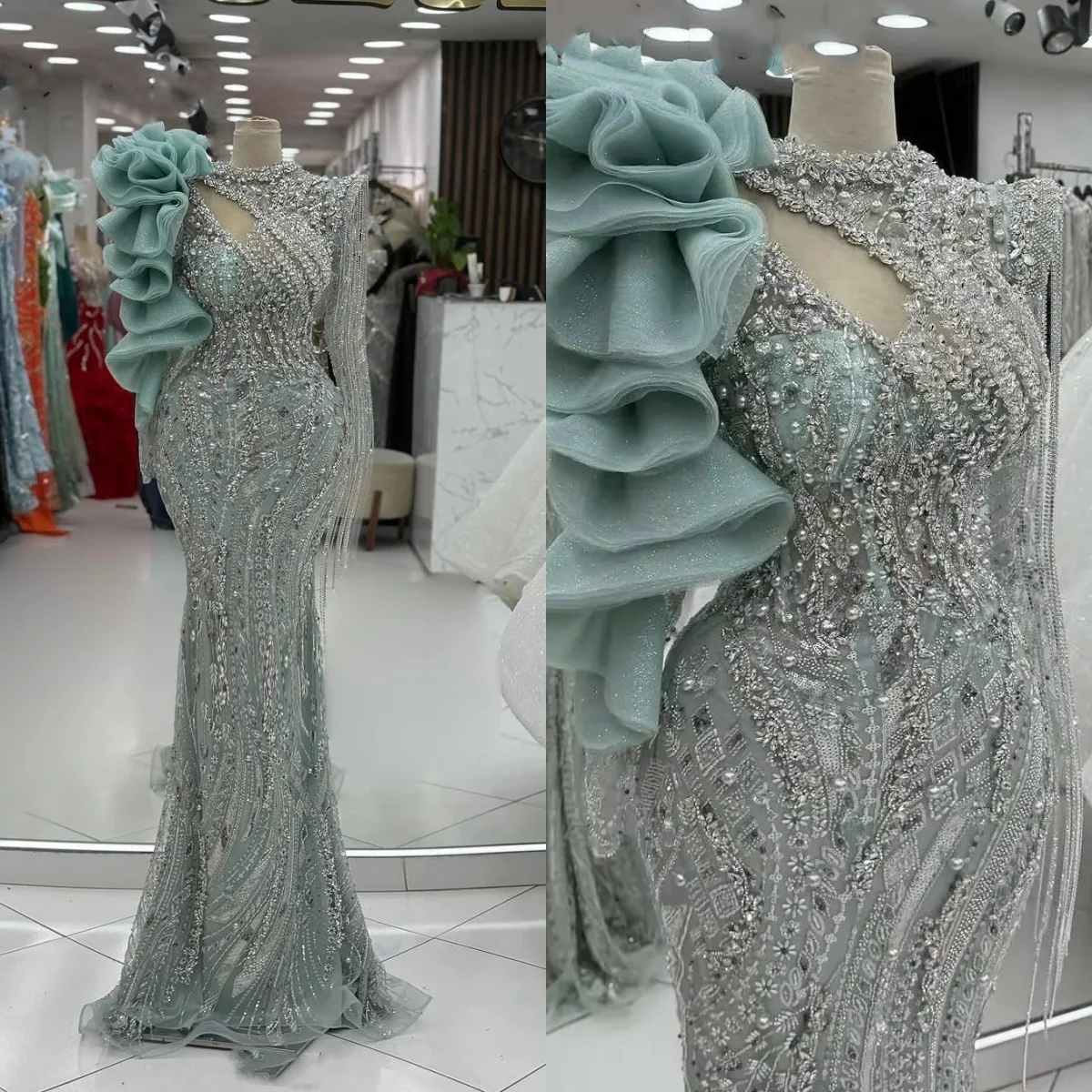 

Sexy Crystals Sequins Mermaid Wedding Dress Glitter Long Sleeve Tassels Bridal Gown Floor Length Bride Dresses Customized