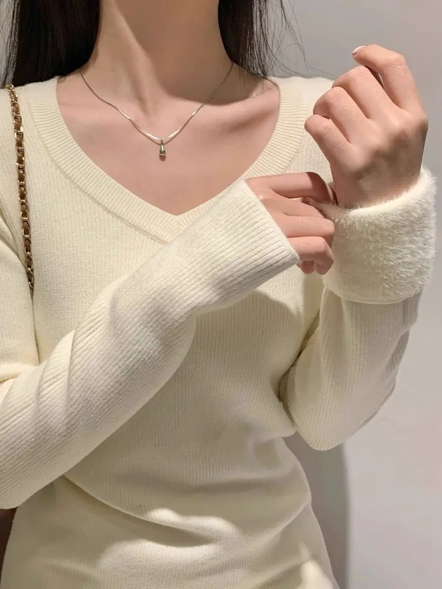 Maglione lavorato a maglia con scollo a V da donna 2025 - Pullover invernale foderato in pile con maniche lunghe, top termico slim fit per stratificazione, peluche caldo Tu