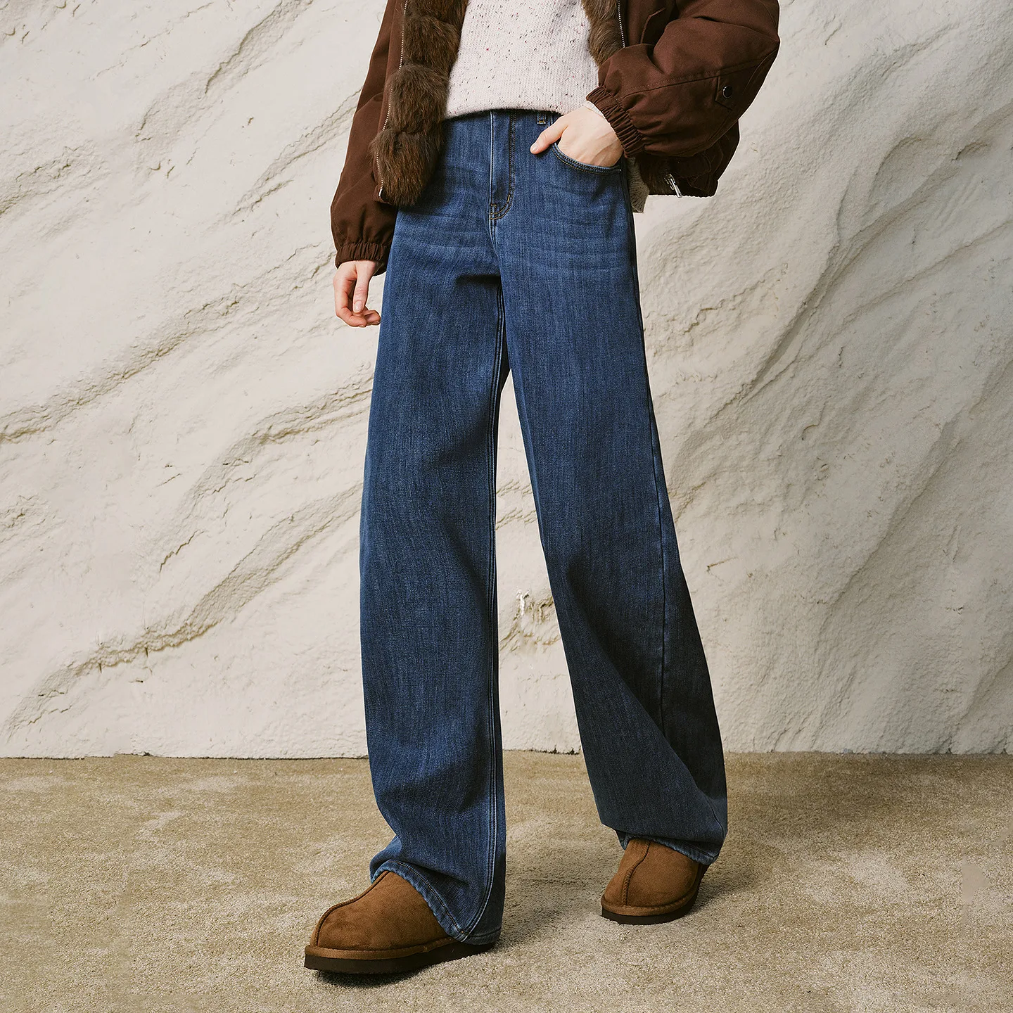 TOYOUTH Women Jeans 2026 Winter New Fleece Lined Vintage Washed Dark Blue Warm Mid Rise Long Pants