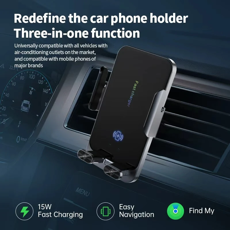 لـ Apple Find My، يمكن استخدامها في جميع السيارات، شاحن لاسلكي + حامل هاتف + محدد، وظيفة 3 في 1، تطبيق مجاني من التطبيق