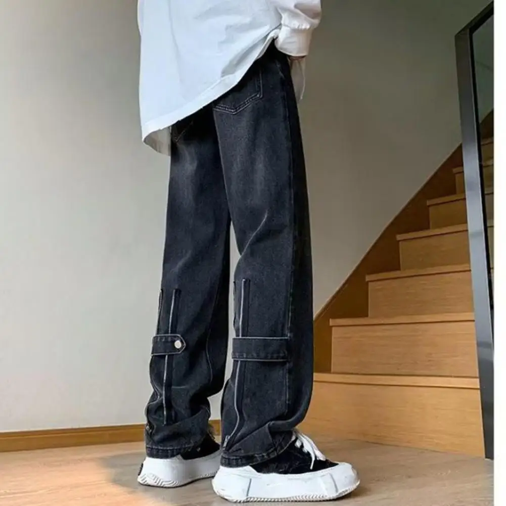 Wide Leg Jeans Vintage Wide Leg Men's Jeans with Zipper Decor Solid Color Pockets Streetwear Style Soft Colofast Trousers Zipper