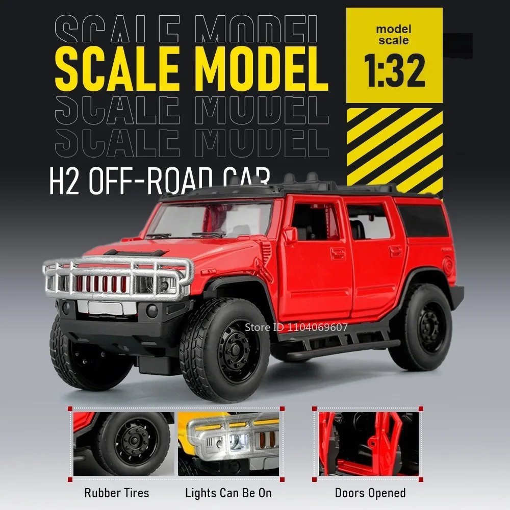 1:32 H2 Model Toy Off-road Cars Alloy Diecast Sound Light Doors Opened Pull Back Simulation Interior Vehicle Models Kids Gifts