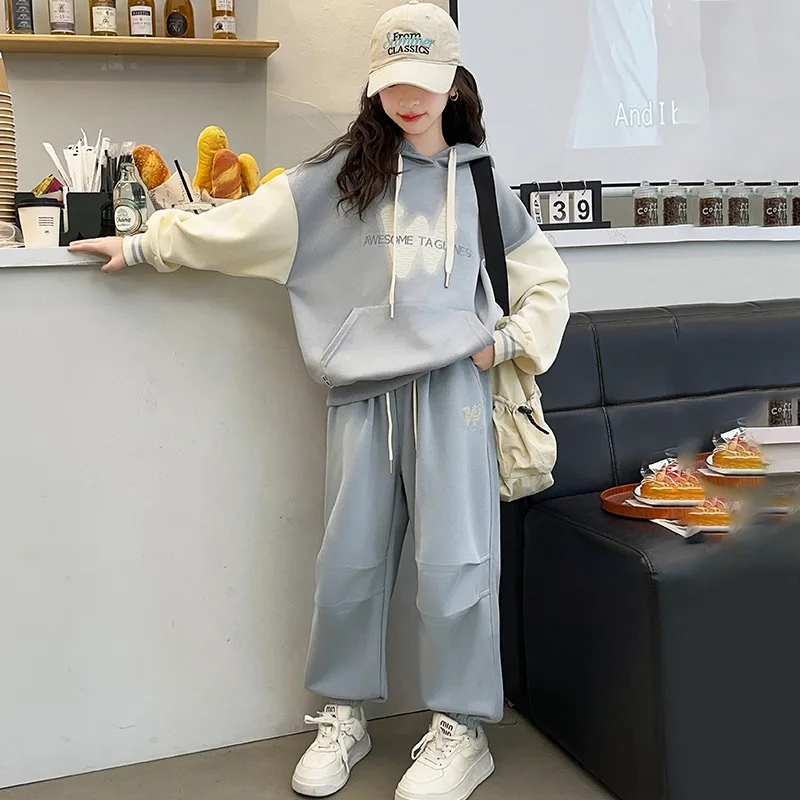 

ZOETOP Spring Autumn Junior Girls Tracksuit Children Girls Contrast Long Sleeves Hooded Tops+Sports Pants Students Girls Sets