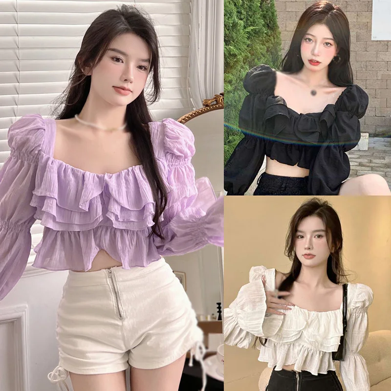 New Women Square Collar Chiffon Blouse Off Shoulder Shirt Ruffle Puff Sleeve Top