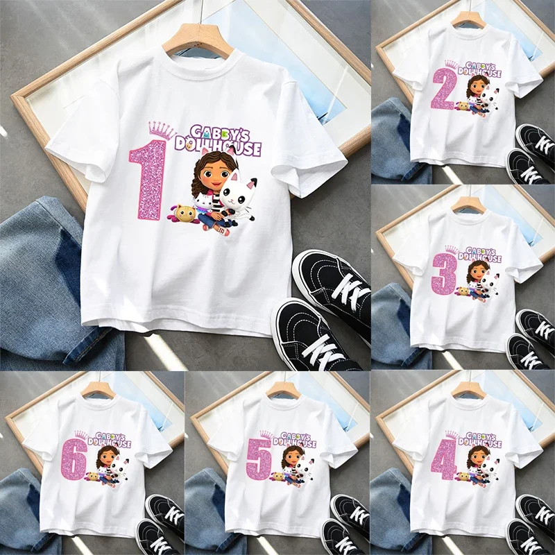 Gabby Dollhouse Kids Cotton T-Shirt Anime Cartoon Numbers Printed Pullover Boys Girls Summer Loose Top Casual Clothes Gifts New