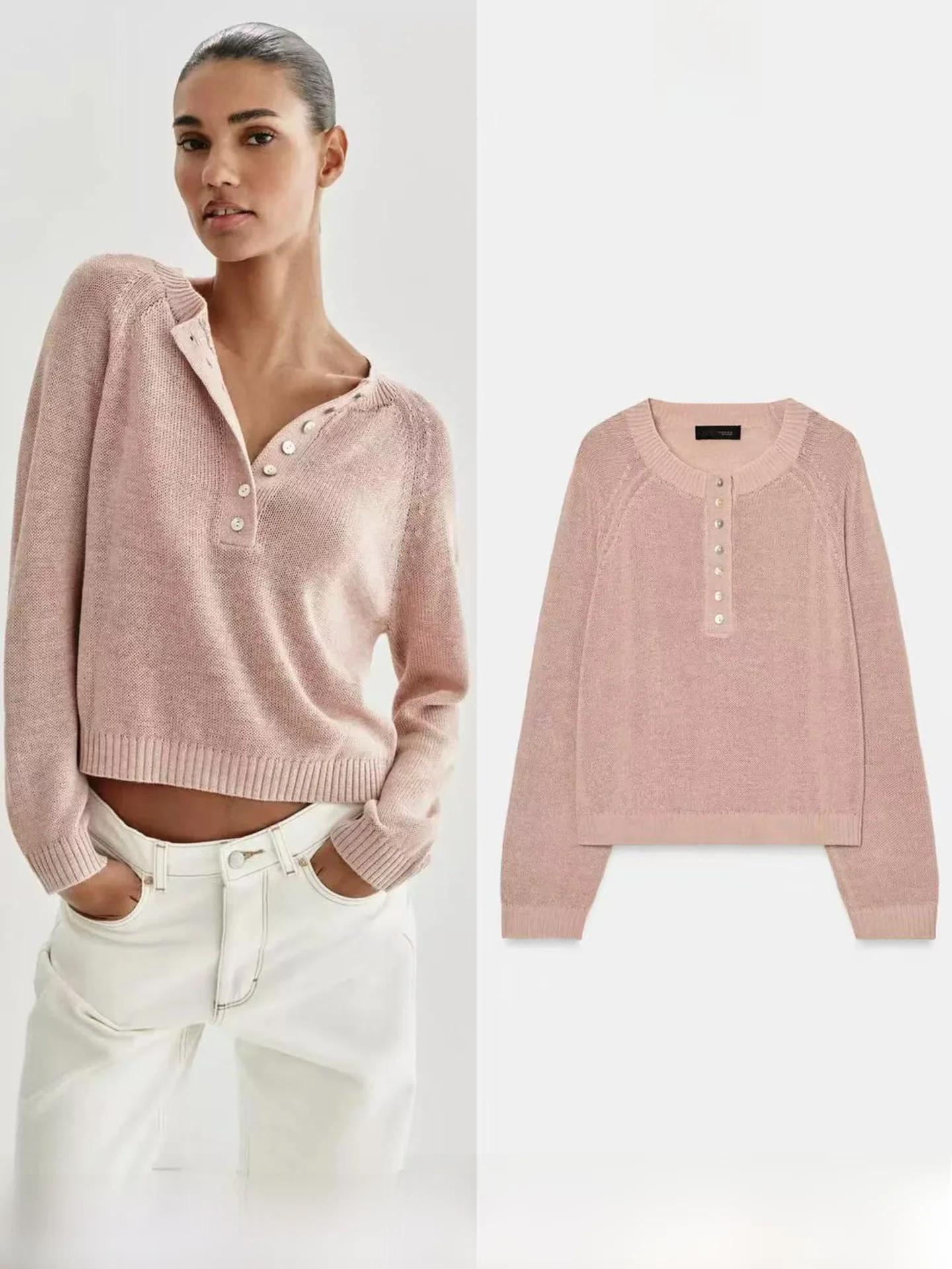 Spring New Arrival Women's Minimalist round Neck Button up Knitwear Long Sleeve Casual Commute Sweater T-Shirt 2142132