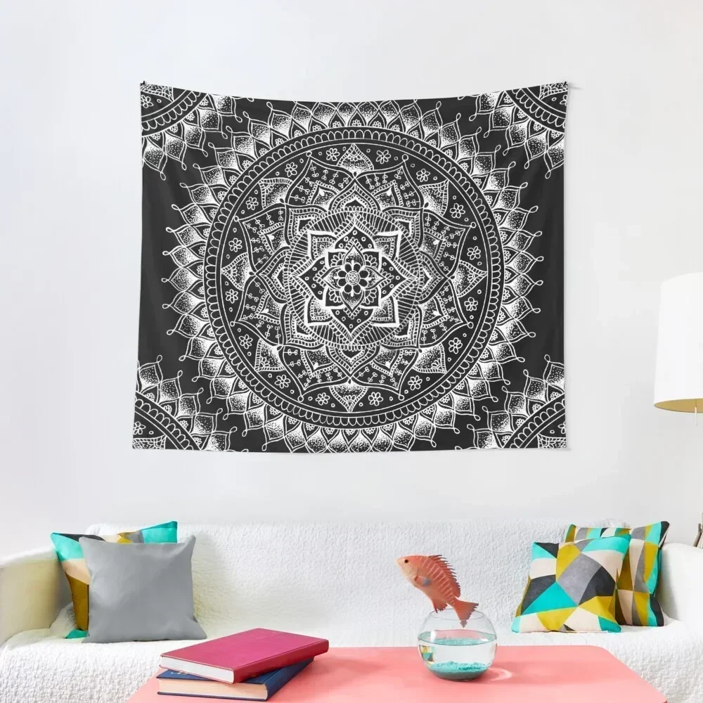 

White Flower Mandala on Black Tapestry Decoration Bedroom Mushroom Tapestry