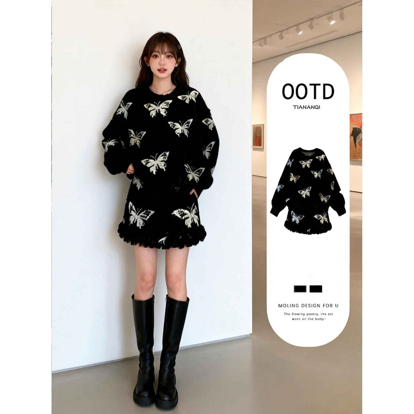 

Faionable Print Knitted Top And ort Skirt Set for Women Bla Lace Hemline High Waist ort Skirt Long Sve