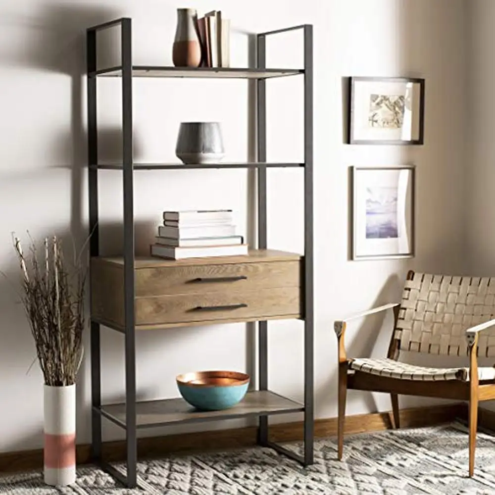 4 Tier Metal and Wood Etagere with Drawer Rustic Oak and Gun Metal Accent Storage Solution Living Room Bedroom Library 18