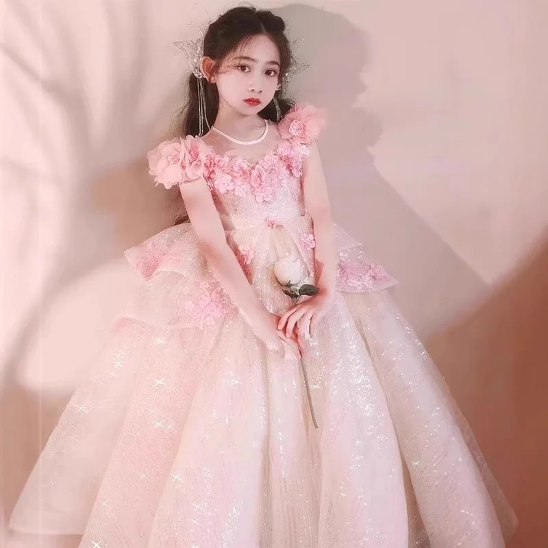 Girls' Dress Pink Flower Design Princess Dress Fairy Romantic Children's Birthday Little Host Light Luxury Puffy Dress