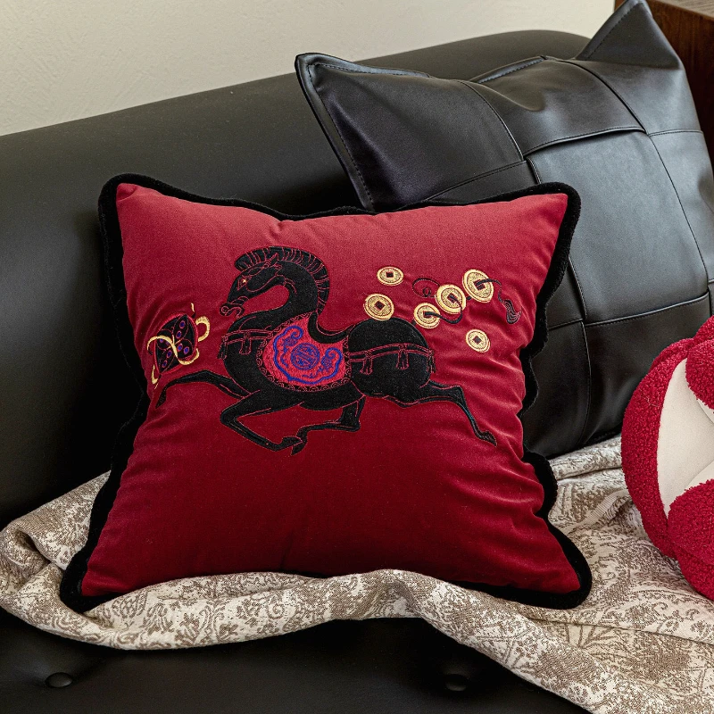 30X50/45X45/50X50CM Red Horse Embroidered Throw Pillow Cover New Year Waist Cushion Cover Decor Home Decorative Pillowcase
