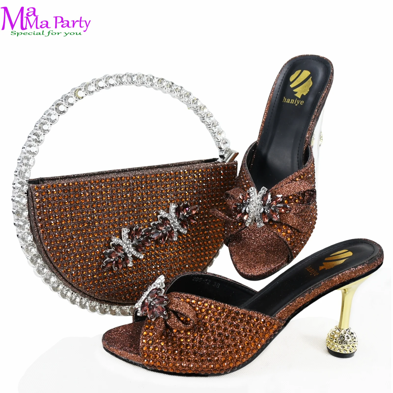 

Coffee Elegant Style Super High Heels Think Sexy Ladies Slipper with Hand Bag Specials Design for Wedding Party