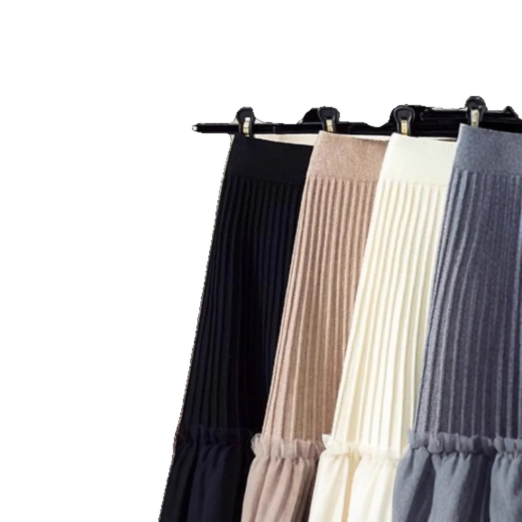 Women's Pleated Skirt Autumn Winter High Waist Umbrella Skirt Covering Flaws Mid-Length Knitted Skirt Mesh Splicing A-Line Skirt