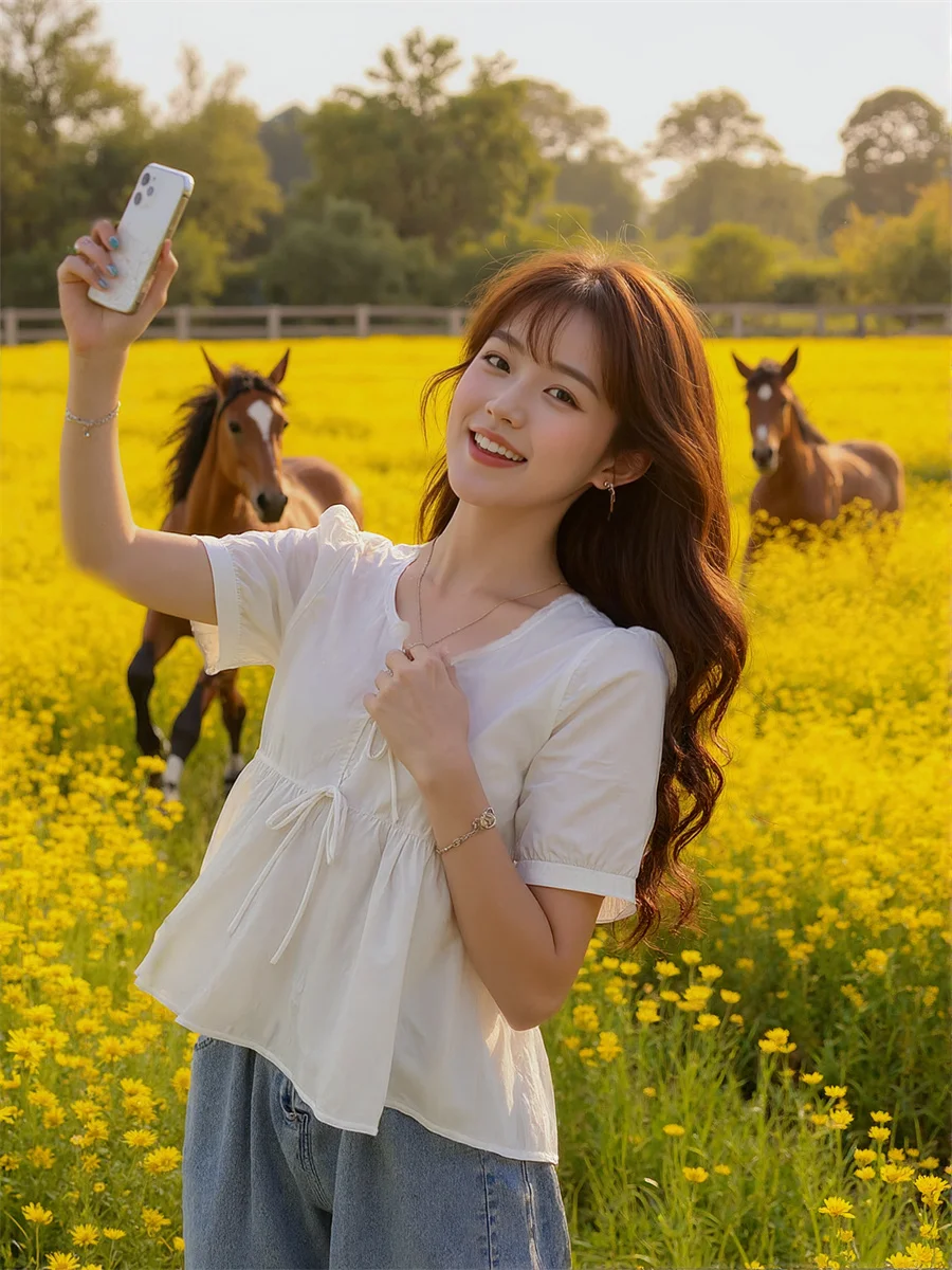 Camicette da donna dolce tinta unita autunno cotone moda coreana femminile oversize manica corta top lunghi stile formale femminile