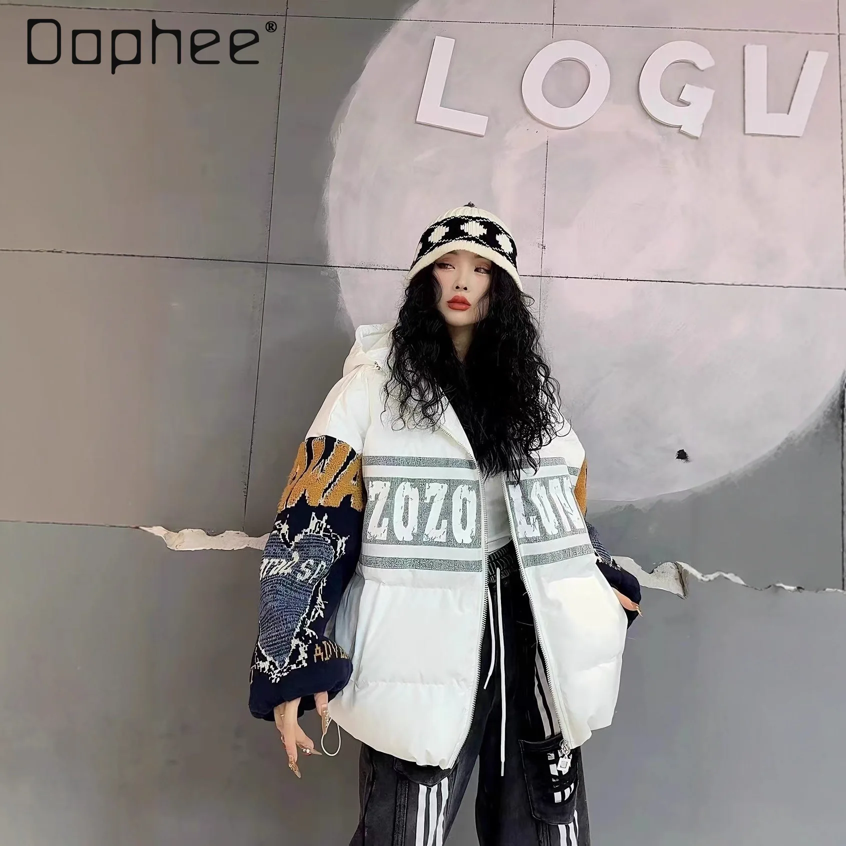 

2025 New Heavy-duty Patchwork Denim Letter Print Knitted Sleeve Loose Hoodie Coat for Women Winter Jacket Parkas Jacket